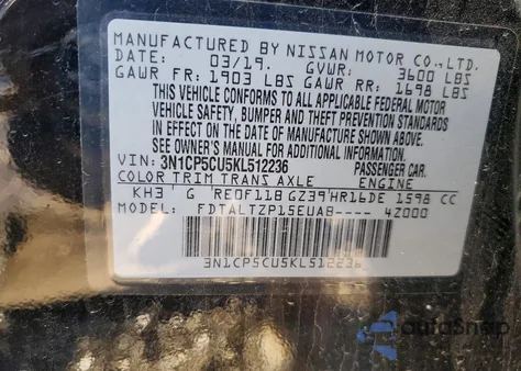 2019 Nissan Kicks S z USA, uszkodzony, nr VIN 3N1CP5CU5KL512236